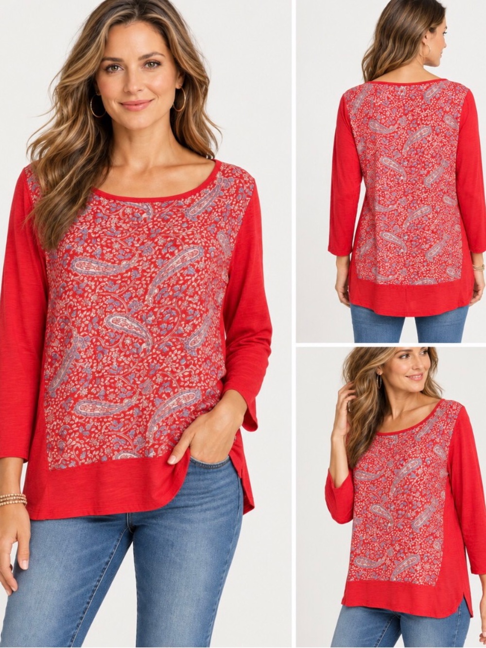 Lucky Brand Size Large Red Long Sleeve Longline Tunic Paisley Bohemian Top